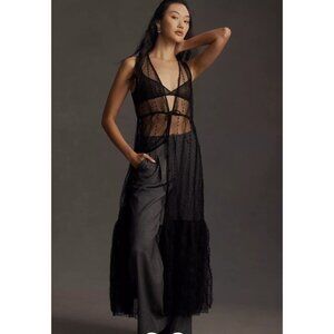 By Anthropologie NWT Sheer Mesh Tiered Midi Dress Black Size XS